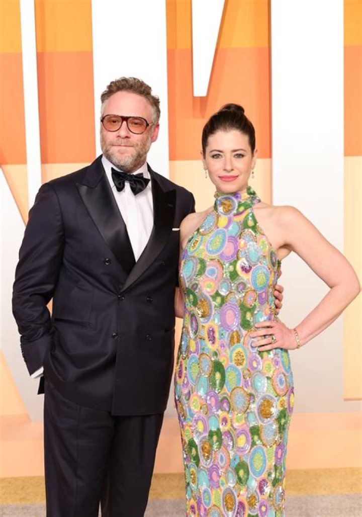 (L-R) Seth Rogen and Lauren Miller arrive at the GQ Men of the Year Party 2023 at Bar Marmont on November 16, 2023 in Los Angeles, California.