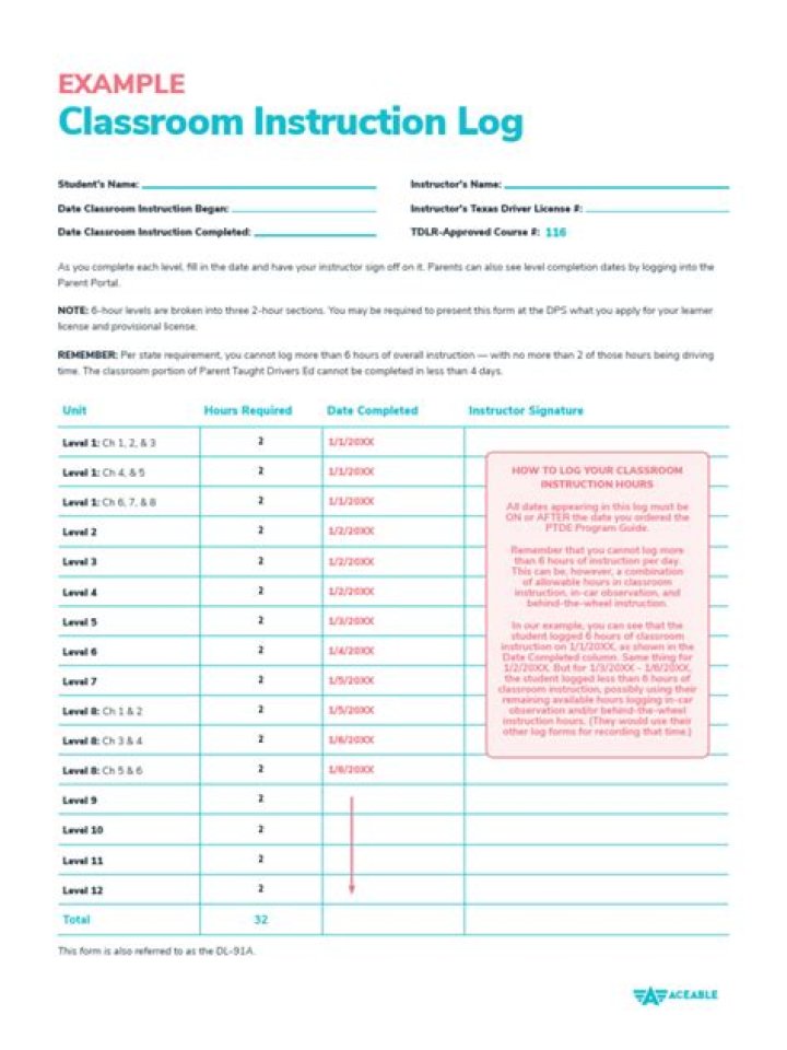 What is the aceable classroom instruction log?